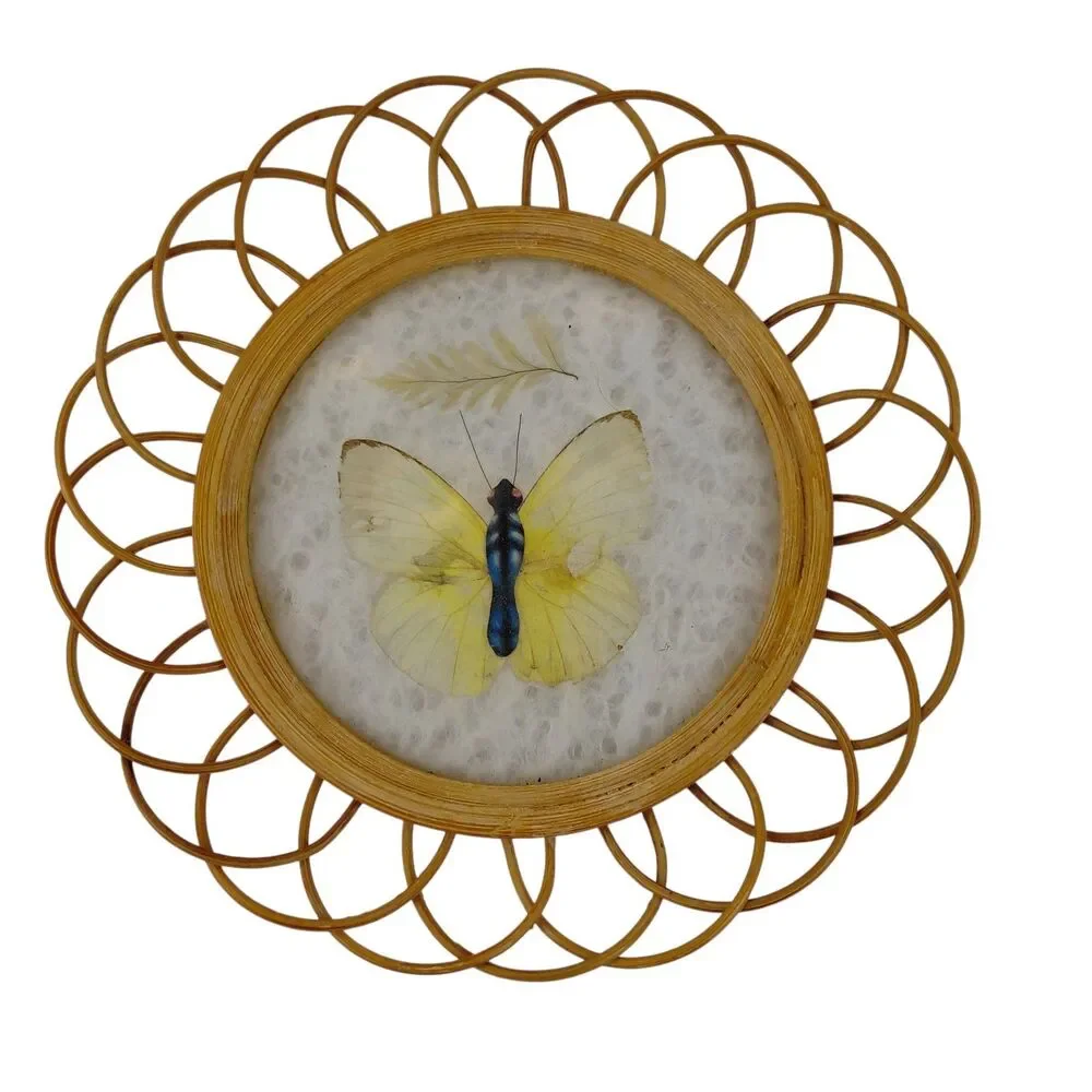 Pressed Butterfly Rattan Wicker Coasters Caddy Set Of 4 MCM Taiwan Barware